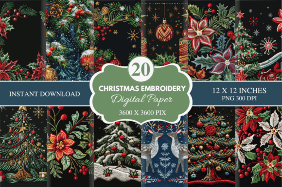 Christmas Embroidery Digital Paper Bundl